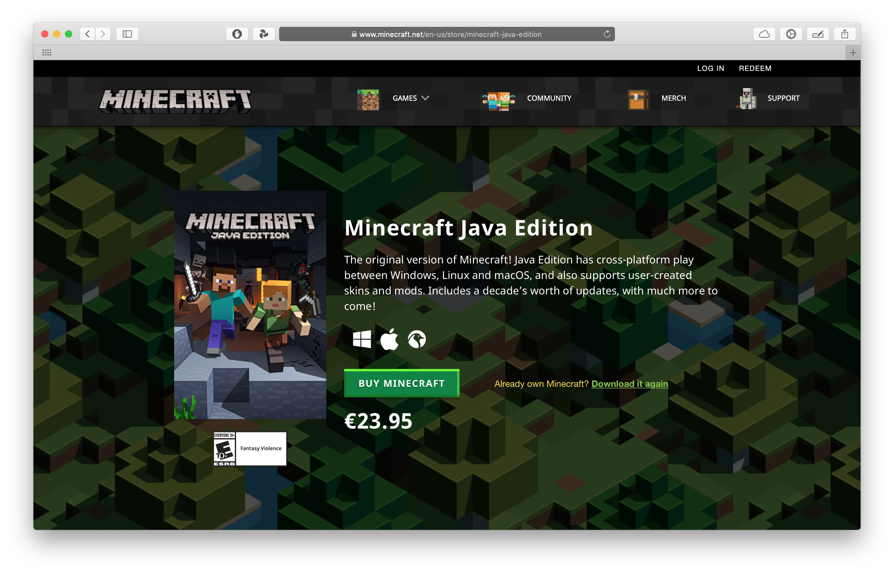 Web Mojangu pro nákup hry